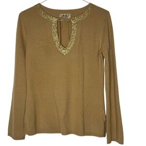 Juicy Couture Womens Gold Embellished Cashmere Sweater Sz M Bell Sleeve Key Hole